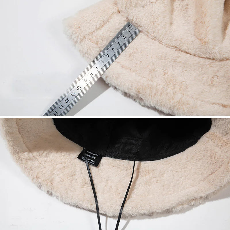 Measurement of a beige Kawaii hat with a ruler and close-up of a label on a white background