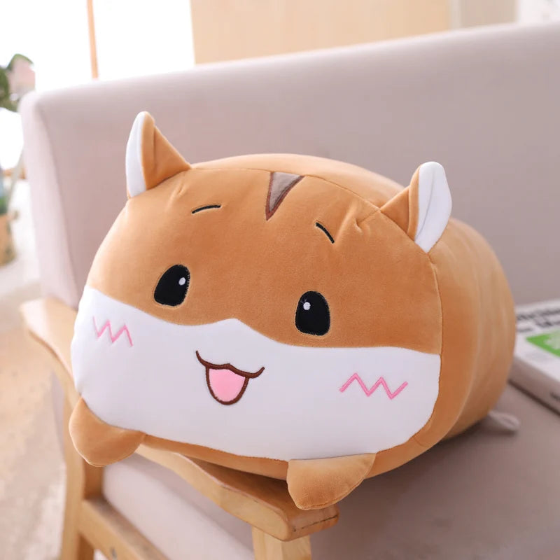 Cute hamster-shaped kawaii cushion on a chair with a blurred background