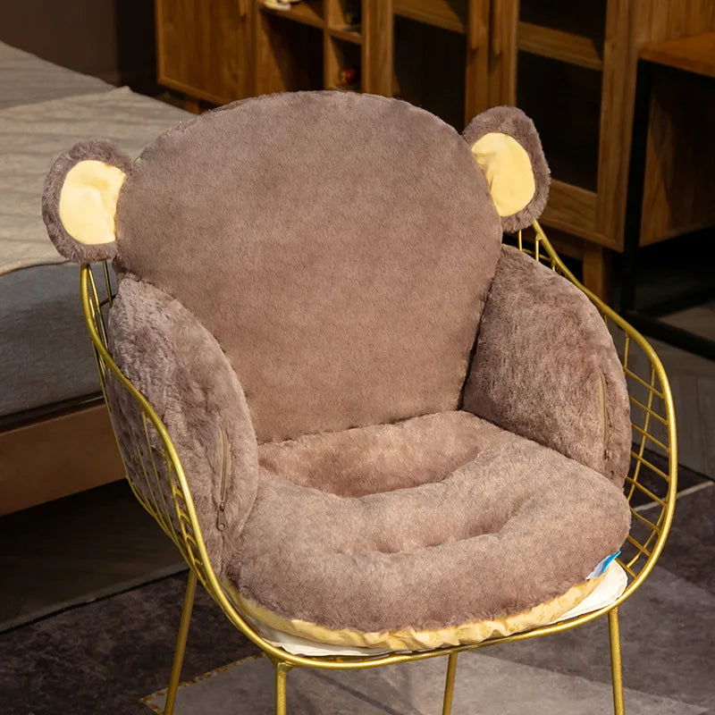 Kawaii plush chair cover with animal ears on a gold metal frame in a room setting.