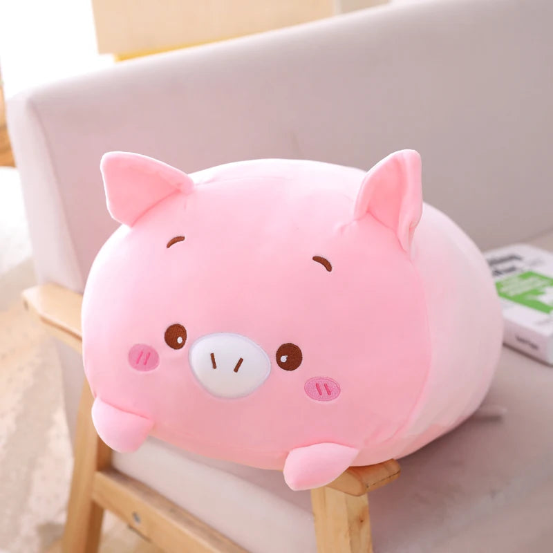 Pink pig-shaped kawaii cushion on a chair with a neutral background