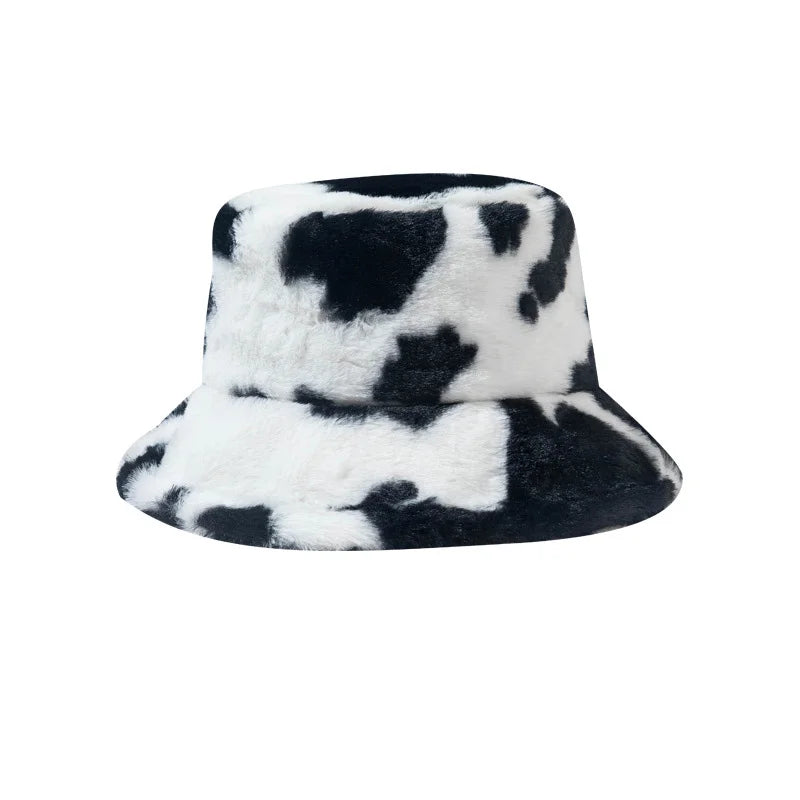 Black and white cow print bucket Kawaii hat on a white background