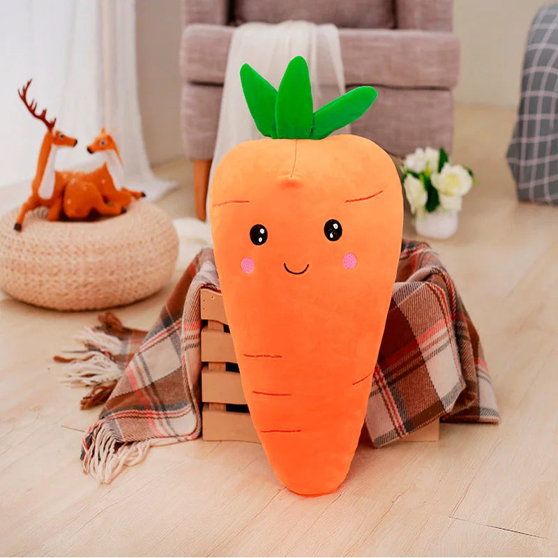 Plush kawaii carrot toy on a wooden floor with decorative items in the background