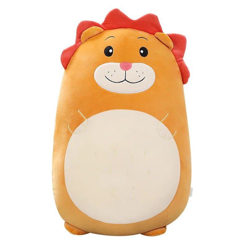 Plush kawaii toy shaped like a lion with a red mane on a white background