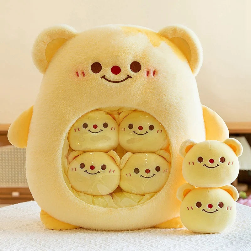 Cute kawaii plush toy with bear-shaped opening and small bear figures on a light background