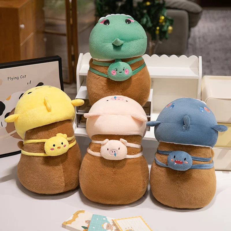 Four kawaii plush toys with animal heads on a table, each wearing a brown belt with a small character on a blurred indoor background.
