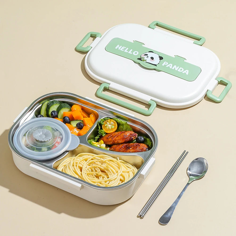 Kawaii bento box with food compartments and 'Hello Panda' branding on a beige background