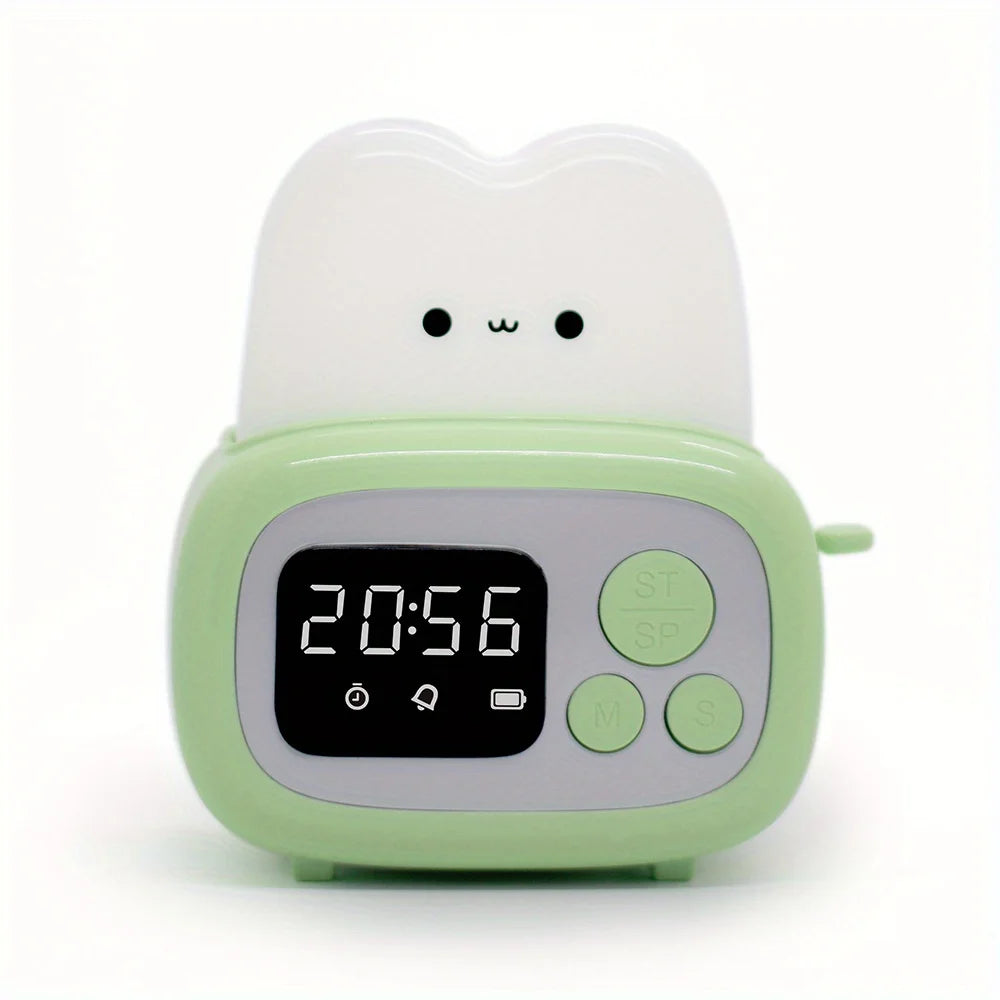 Cute green kawaii alarm clock with a face on a white background
