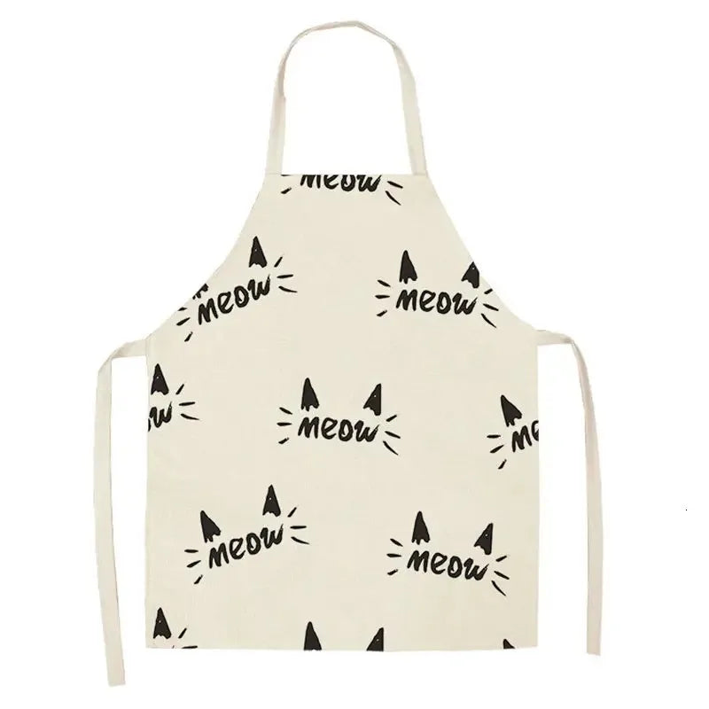 Beige Kawaii apron with black cat illustrations and 'meow' text on a white background