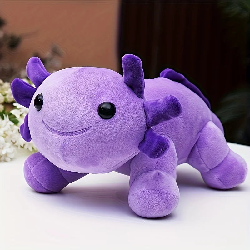 Purple kawaii plush toy with a smiling face on a white surface
