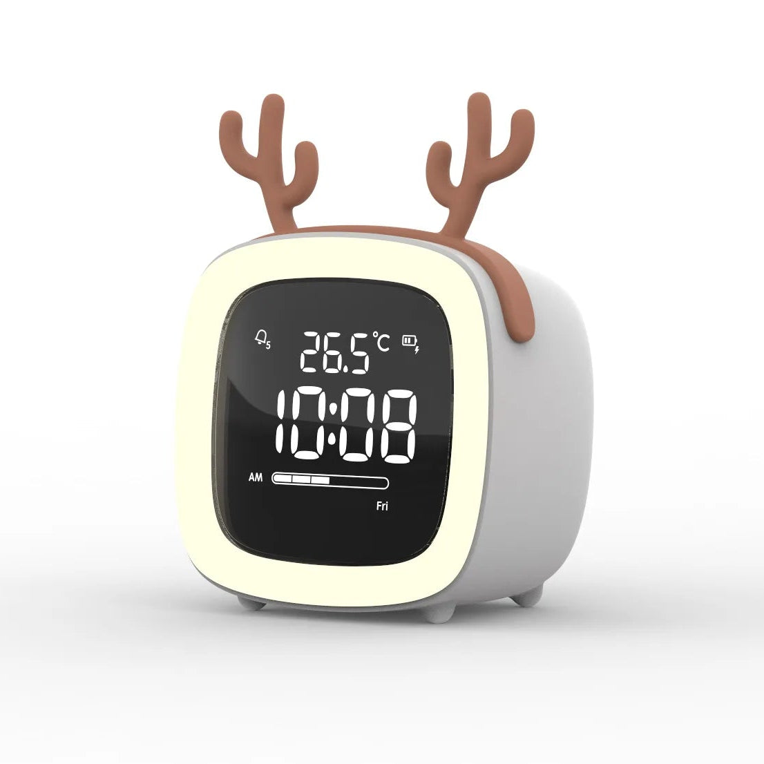 Kawaii digital clock with reindeer antlers on a white background