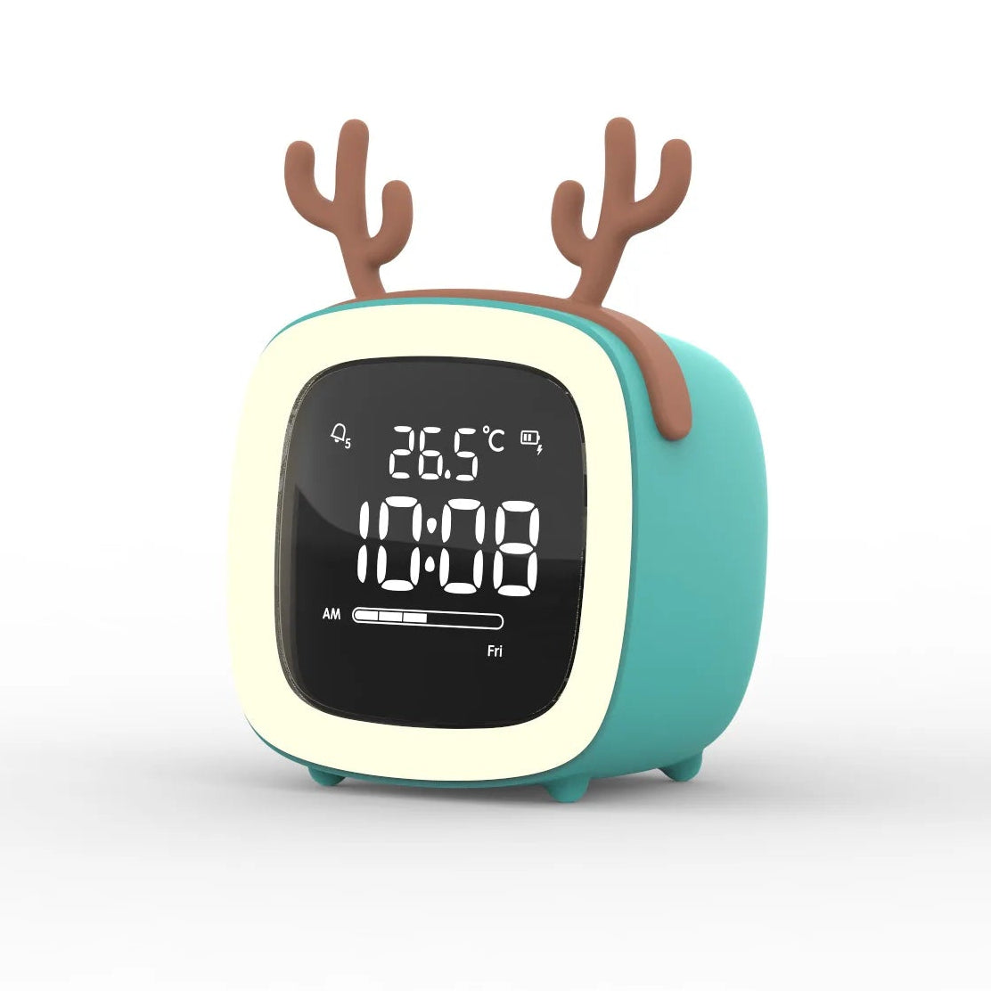Kawaii digital clock with reindeer antlers on a white background