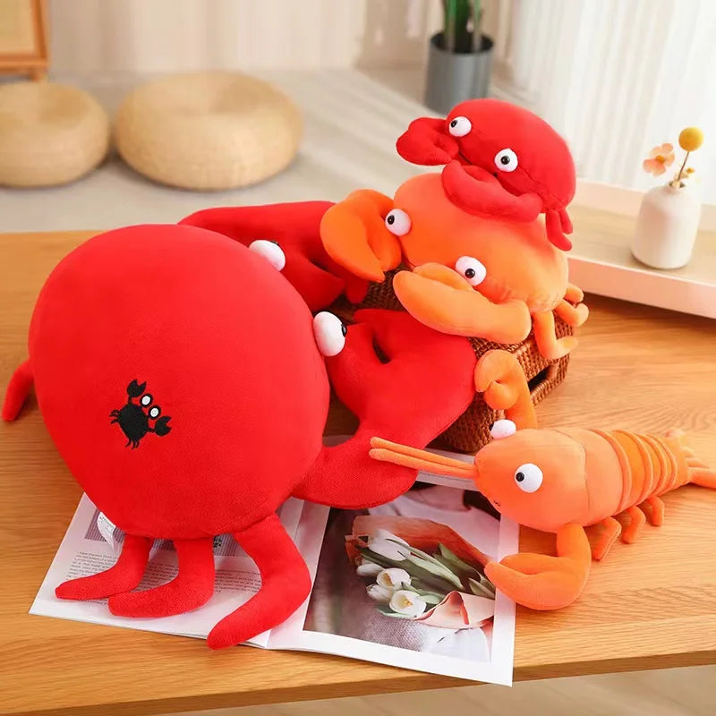 Kawaii plush toy lobsters on a wooden surface with a neutral background