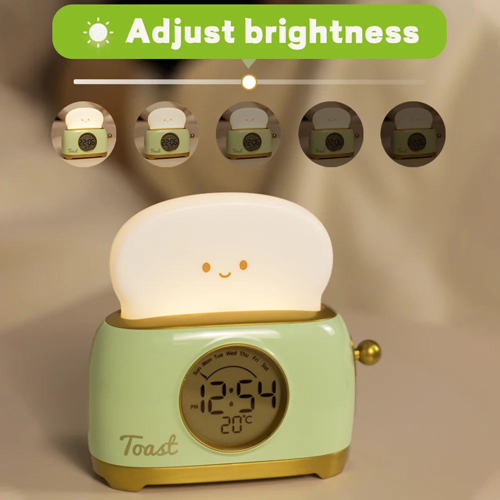 Green Kawaii toaster-shaped night light with a digital clock and temperature display, featuring a smiley face on a beige background.