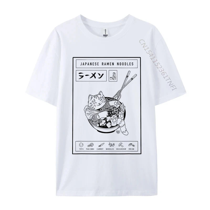 White t-shirt with black graphic design of a kawaii cat in a ramen bowl and text on a white background