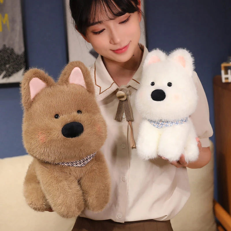 Person holding a brown plush bear and a white kawaii plush dog with a blue collar.