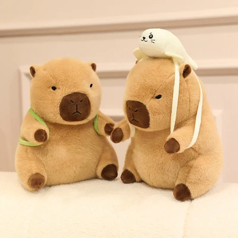 Two kawaii plush toys resembling bears with a smaller bear on top, on a light background