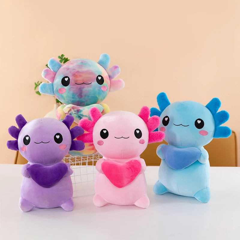 Four colorful kawaii plush toys with heart shapes on a light background