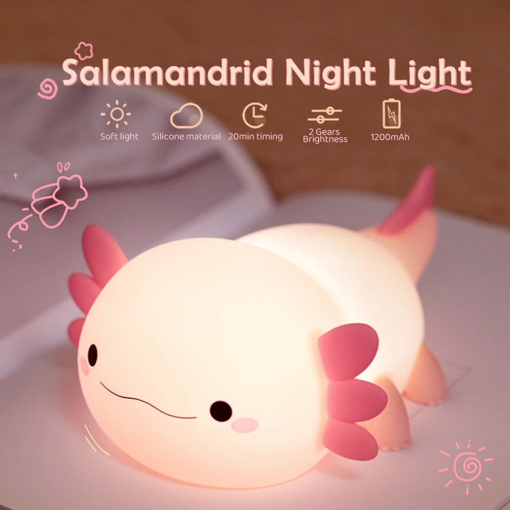 Kawaii salamander-shaped night light with soft glow on a neutral background