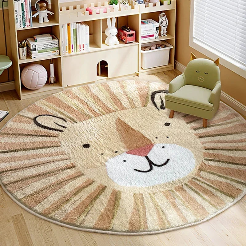 Children's room with a lion-shaped kawaii rug, bookshelf, and chair.