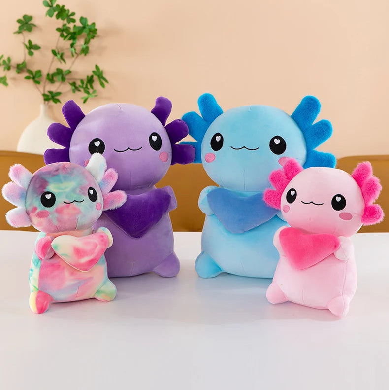 Four colorful axolotl kawaii plush toys on a white surface with a light brown background.
