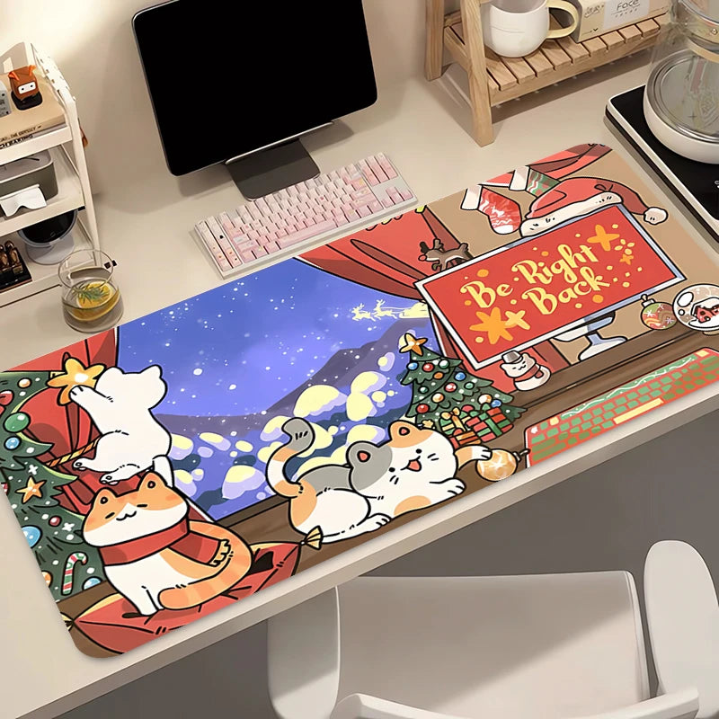 Decorative desk mat with Kawaii cartoon characters on a desk setup.