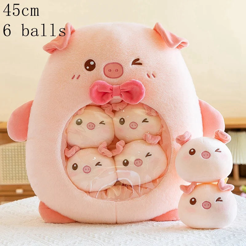 Cute pink pig kawaii plush toy with six smaller piglets inside, on a light background.