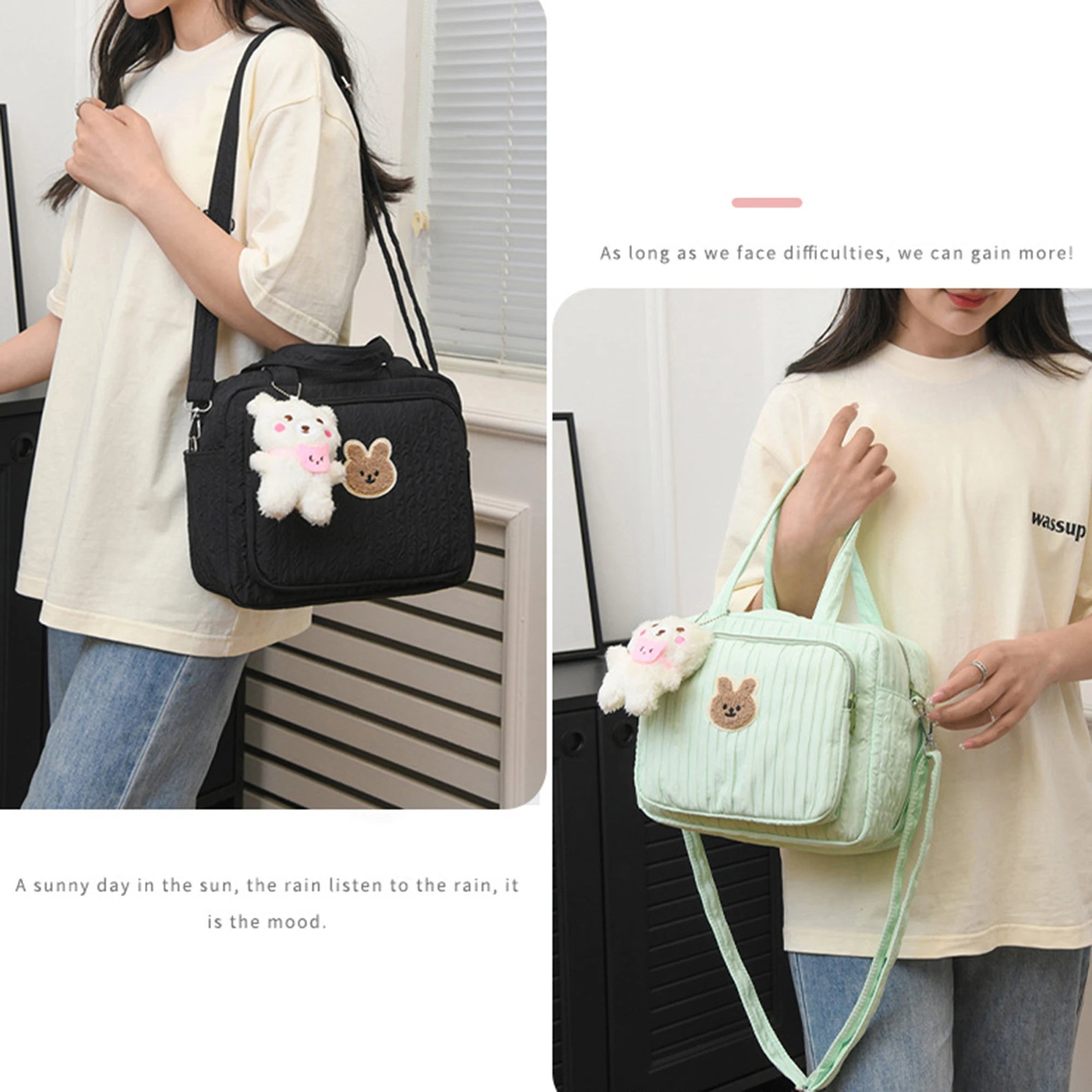 Two handbags with Kawaii plush toys attached, one black and one green, held by people.