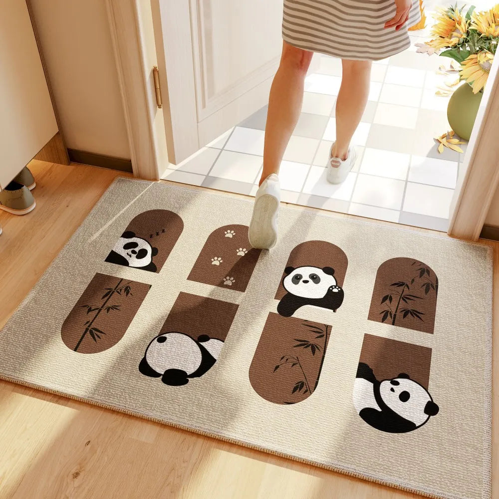 Decorative rug with Kawaii panda design on a wooden floor