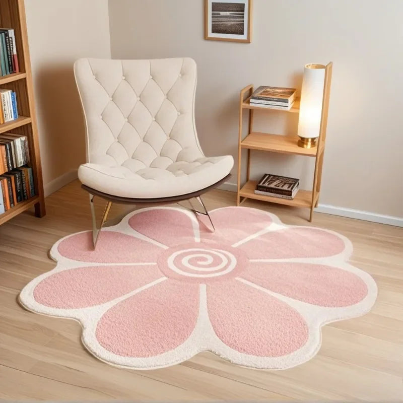 Flower-shaped pink kawaii rug on a wooden floor with a chair and bookshelves in the background.