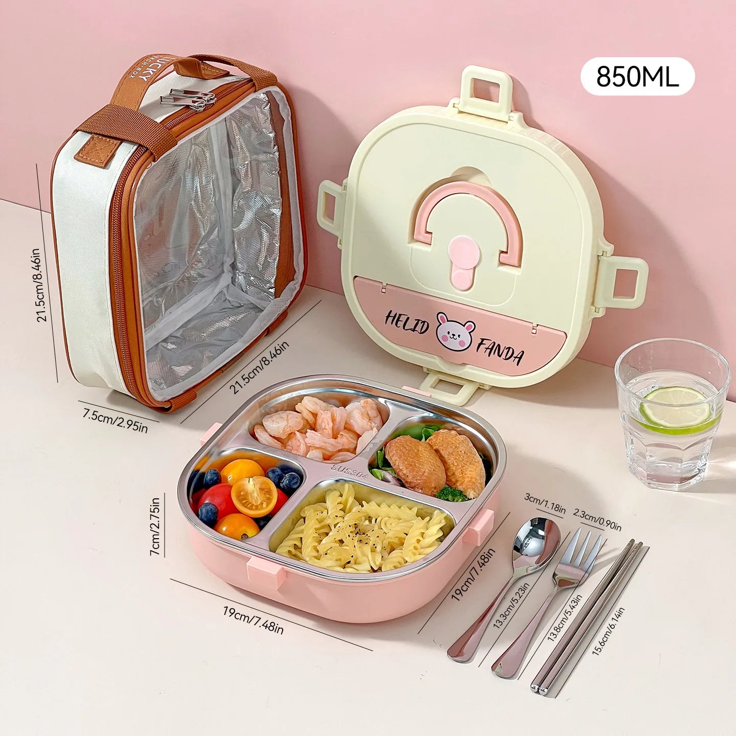 Pink kawaii bento box with compartments, utensils, and a glass of water on a pink background