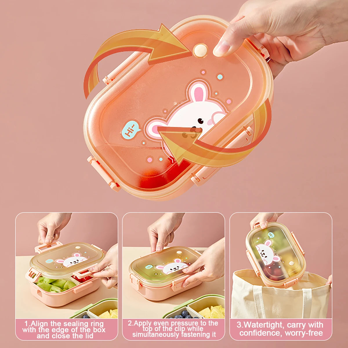 Children's lunch box with kawaii cartoon design, held by a hand against a pink background.