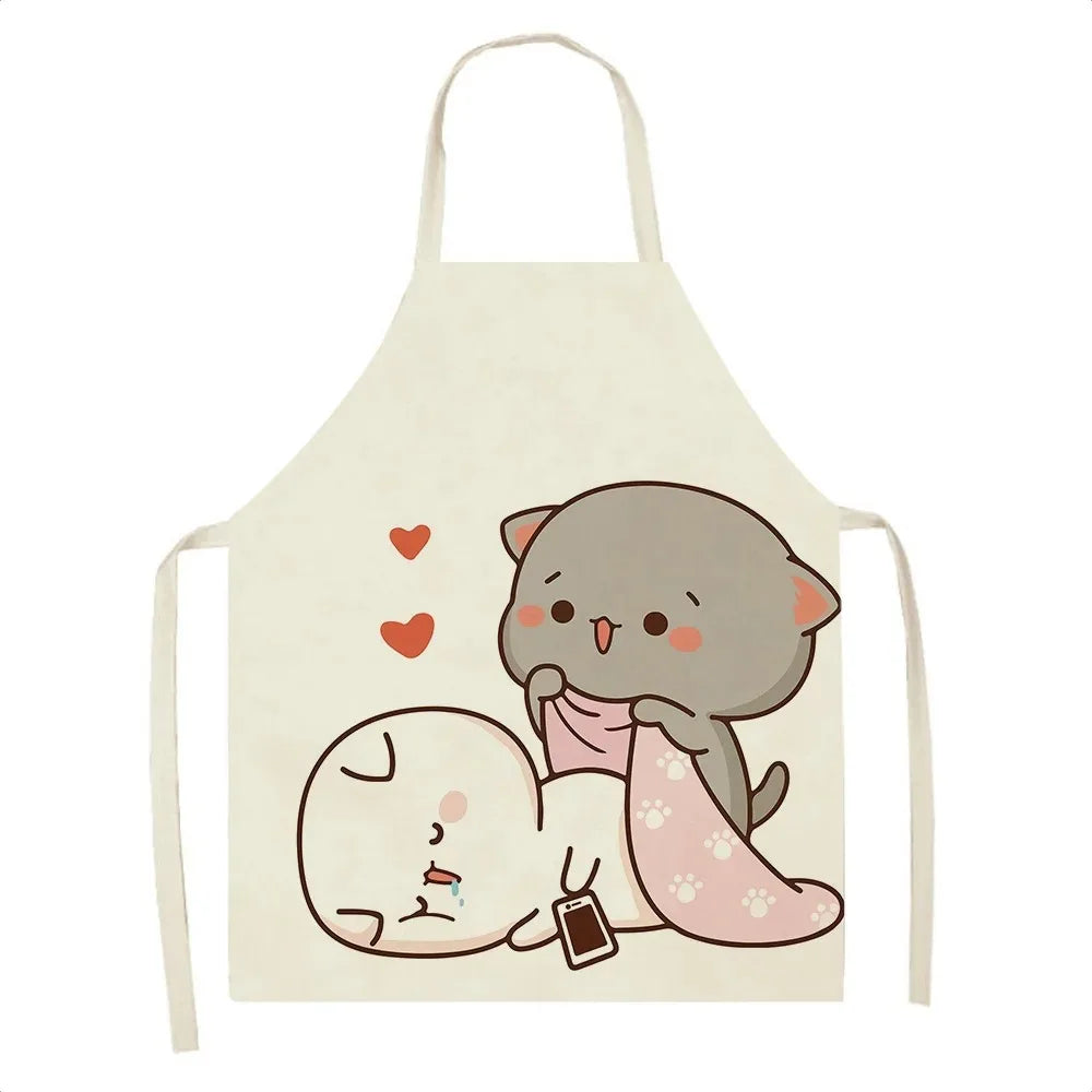 Beige Kawaii apron with cartoon cat and dog design on a white background
