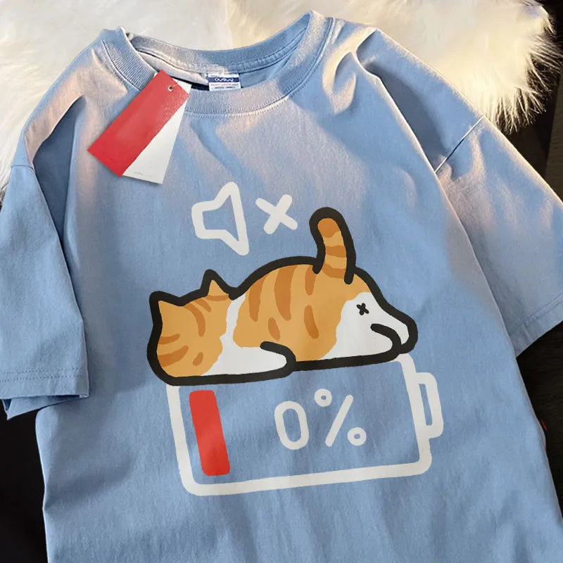 Blue t-shirt with a kawaii cat graphic and battery symbol on a white background