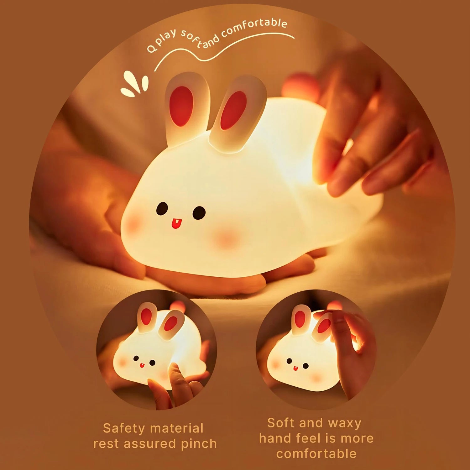 Cute kawaii rabbit-shaped night light with a hand holding it, on a warm brown background.