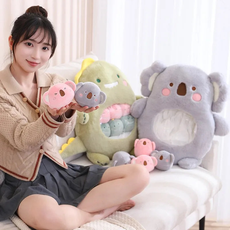 Woman holding kawaii plush toys on a couch with a neutral background