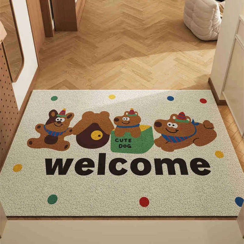 Welcome mat with Kawaii cartoon dog design on a wooden floor