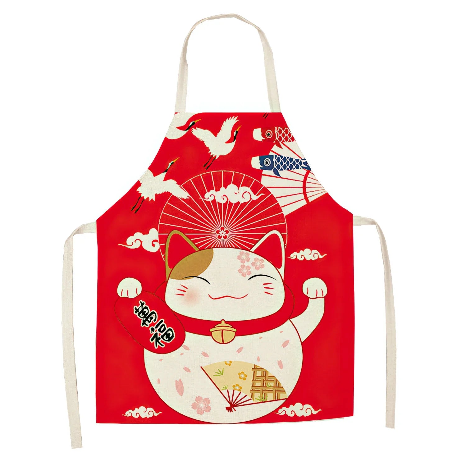 Red apron with a cartoon cat Kawaii design on a white background