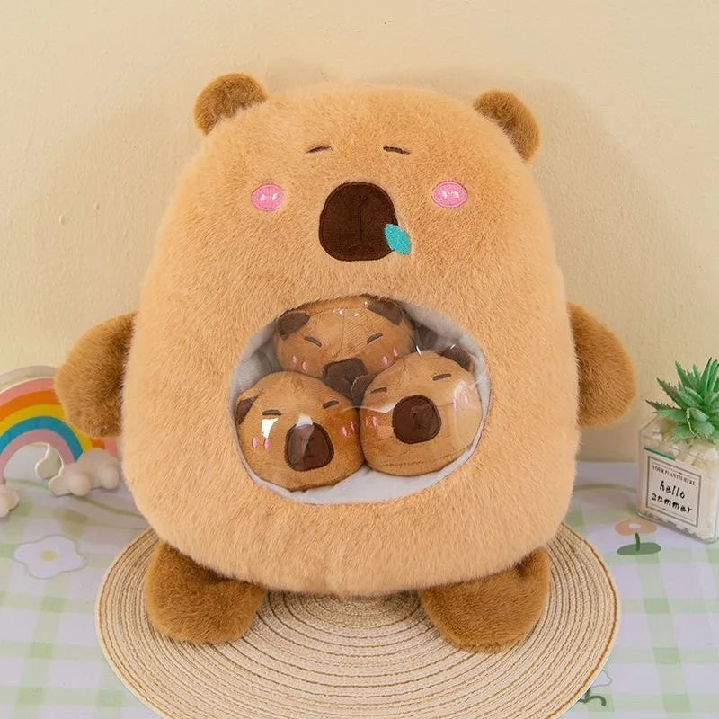 Cute kawaii plush bear-shaped pet house with small bear plushies inside on a soft surface.
