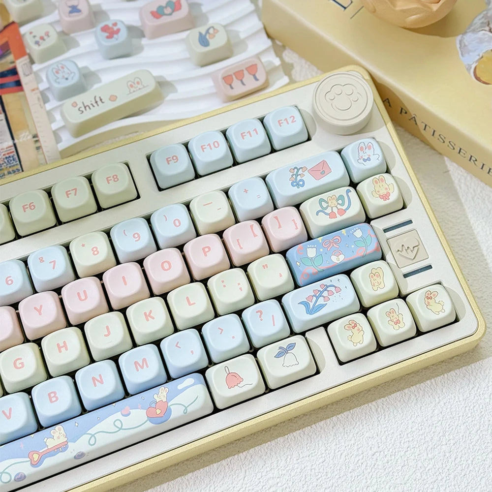 Keyboard with pastel-colored keys featuring Kawaii illustrations on a light background