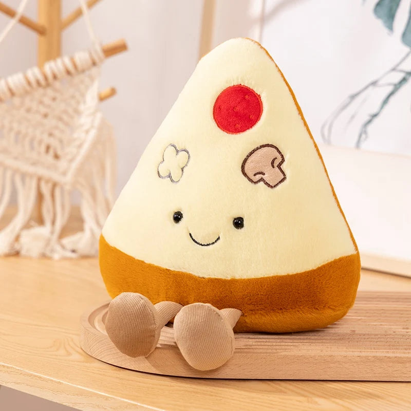 Plush kawaii toy resembling a triangle-shaped food item with a smiling face on a wooden surface.
