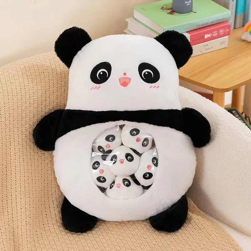 Kawaii plush panda toy with baby pandas on a chair