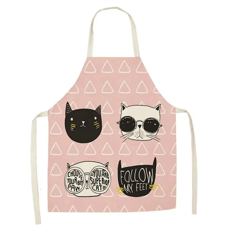 Pink Kawaii apron with cat illustrations and text on a white background