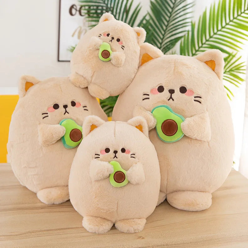 Four kawaii plush toys resembling cats with pacifiers on a wooden surface.