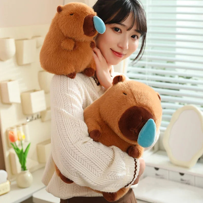 Person wearing a kawaii plush animal headband and holding another plush toy in a bright room.