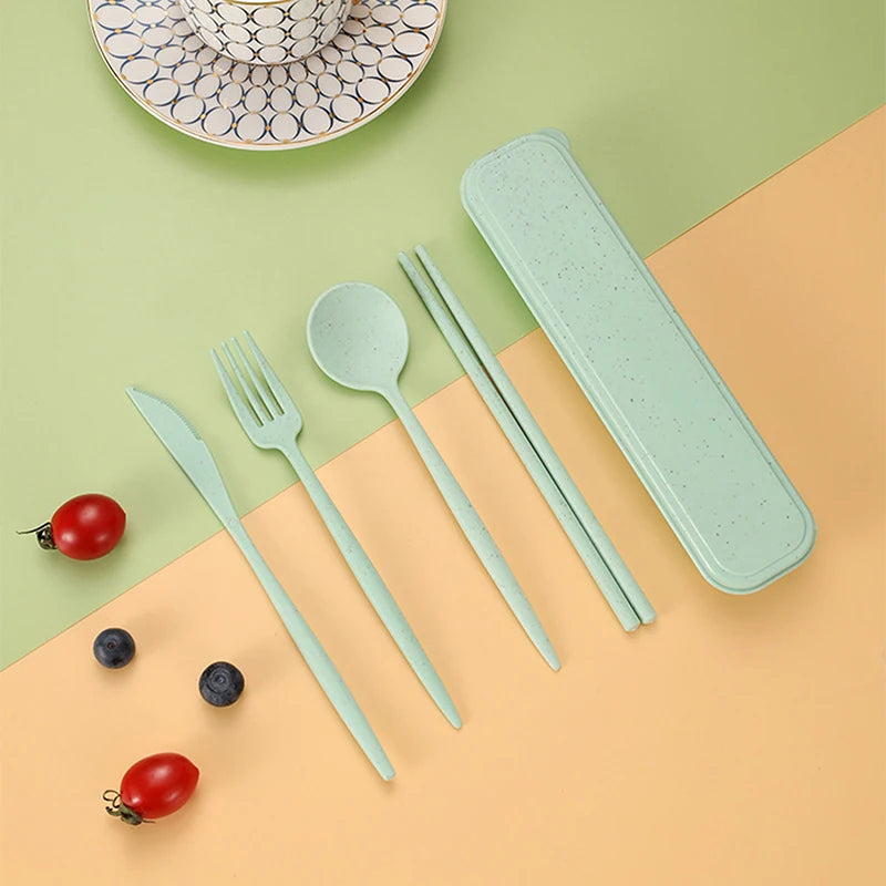 Set of light green kawaii cutlery and travel case on a colorful background