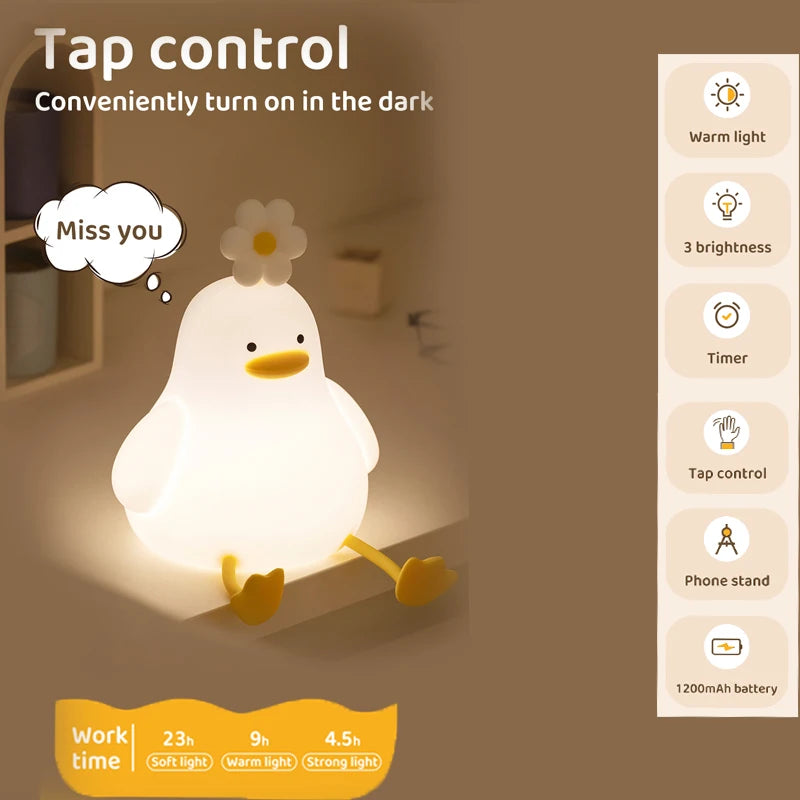 Animated kawaii night light with duck design and control panel on a brown background