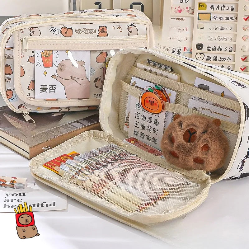 Open cosmetic bag with various items including a kawaii plush toy, on a light background.