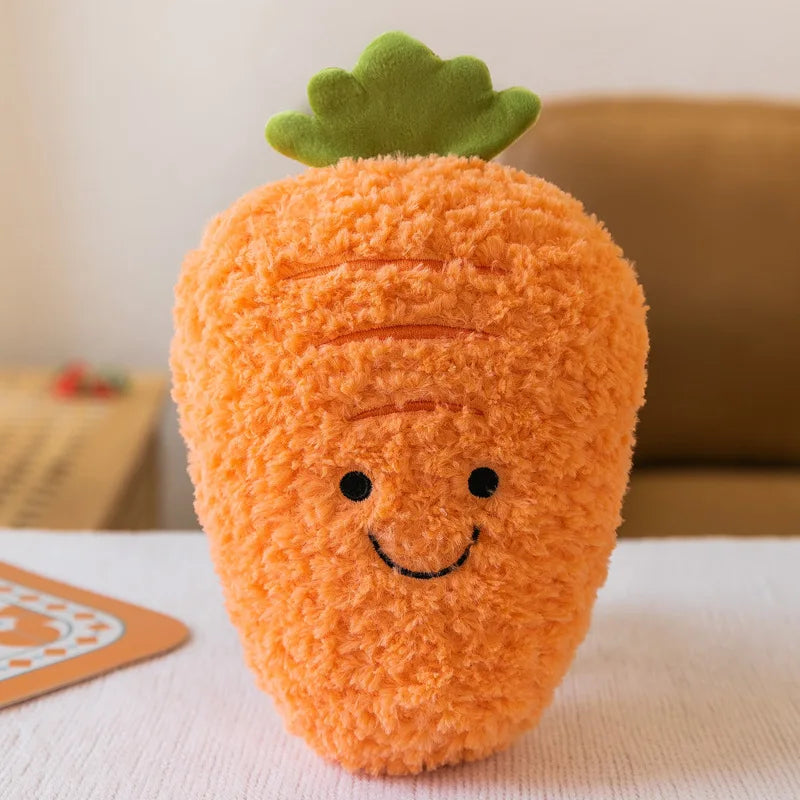 Kawaii plush carrot toy with a smiling face on a light surface.