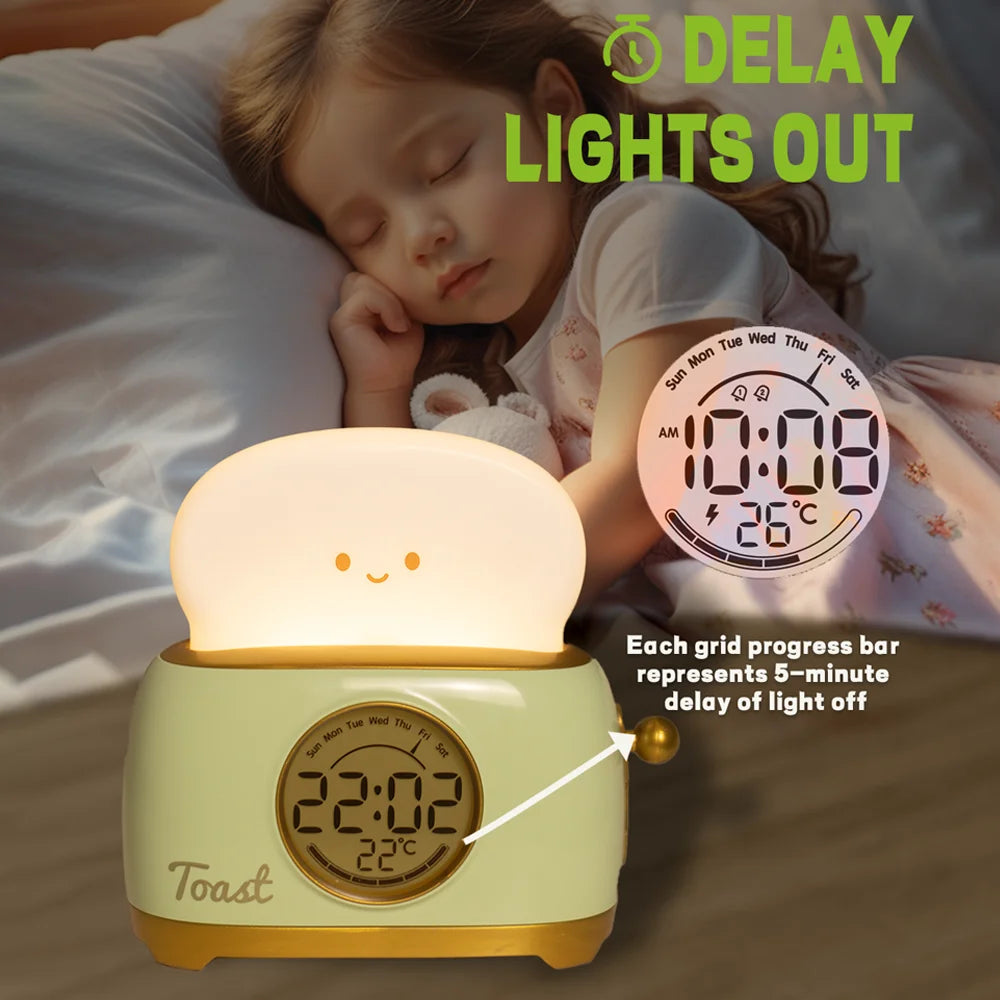 Child sleeping with a Kawaii toaster night light displaying time and temperature, with text about delay lights out feature.