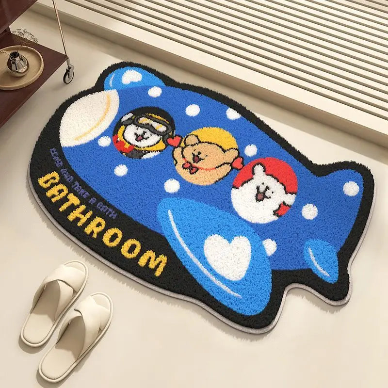 Bathroom mat with Kawaii cartoon characters and 'Bathroom' text on a light floor.